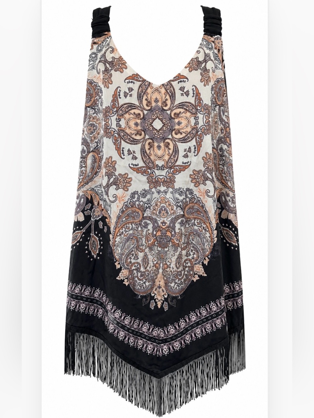 Whimsigoth Festival Tunic Tank Top Tassel Fringe Boho Black Cream Dark Fairy 1X